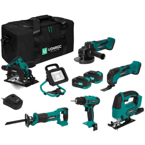 Pack outils sans fil VPower 20V - Perceuse à percussion, scie sauteuse, outil multifonction, meuleuse d’angle, scie circulaire, scie sabre, lampe de de travail avec 2 batteries 4.0Ah et chargeur inclus