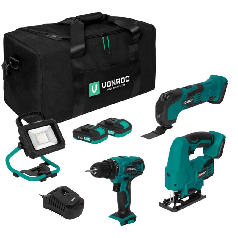 Vonroc - Pack outils sans fil Plate-forme 20V - Perceuse-visseuse, scie sauteuse, outil multifonction, lampe de de travail avec 1 batterie 2.0Ah et