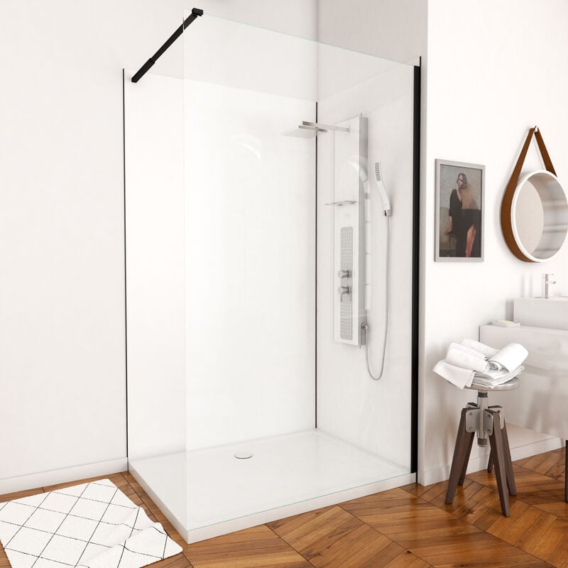 Aurlane - Pack Panneaux Muraux Aluminium Blanc 120+90 - Profilés Noir Mat + Receveur Acrylique 120x90