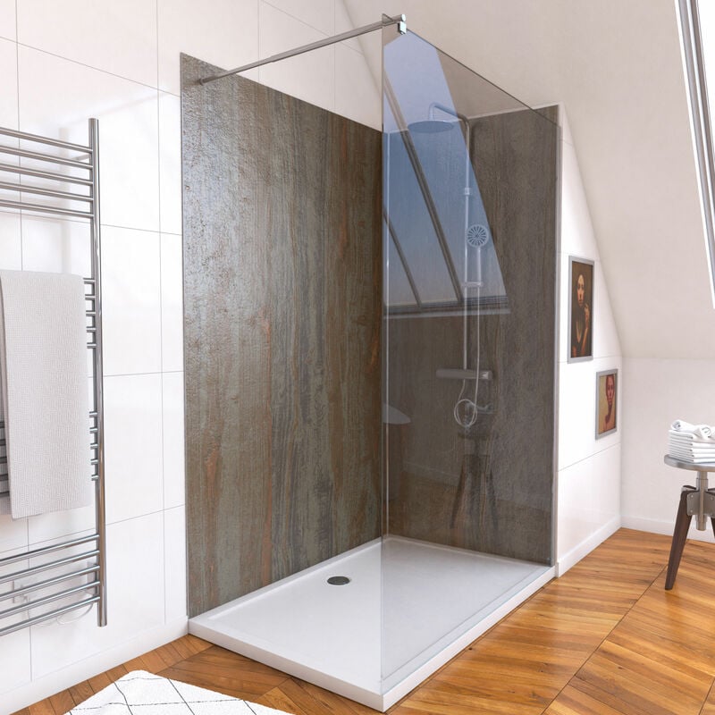 Aurlane - Pack Panneaux Muraux Wood Stone 90+120x210 - Receveur 120x90 - Paroi 120x200 Profils et Bras chrome