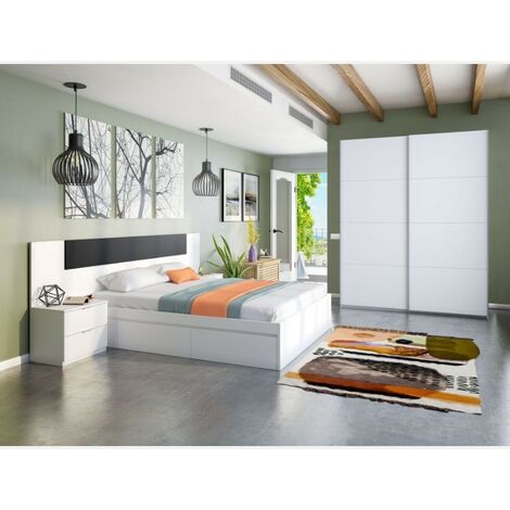 Pack para dormitorio de matrimonio en color blanco artik (mate) con detalles en gris antracita 150 cm