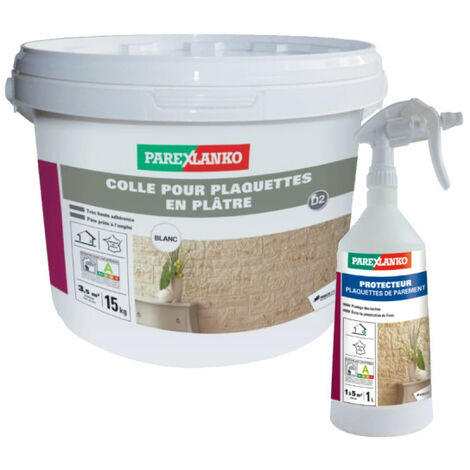 Pack PAREXLANKO - Colle pour plaquettes en plâtre blanc - 15kg - Protecteur plaquettes de parement - 1L