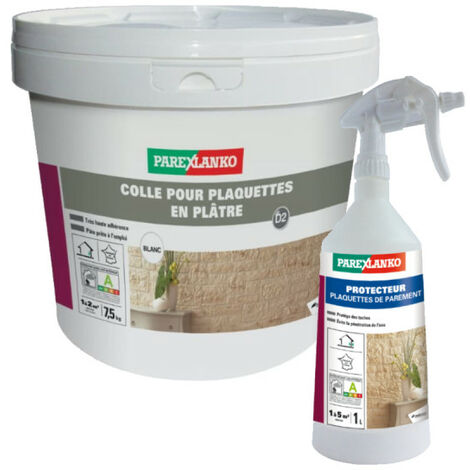 Pack PAREXLANKO - Colle pour plaquettes en plâtre blanc - 7,5kg - Protecteur plaquettes de parement - 1L