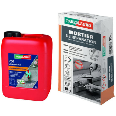 Pack PAREXLANKO - Mortier de réparation 10kg - Résine d'adhérence 751 LANKO LATEX 5L