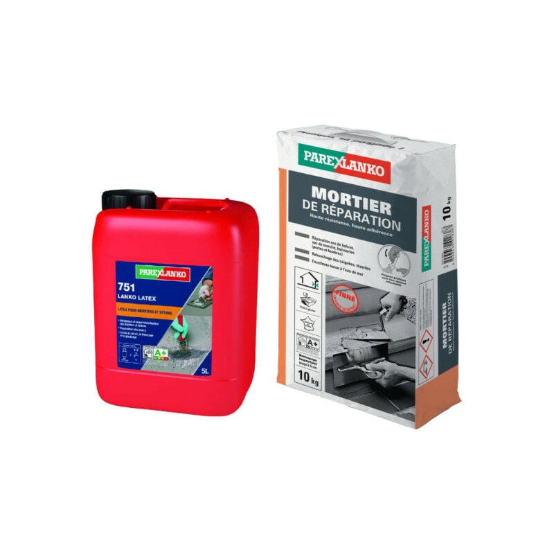 Parexlanko - Pack Mortier de réparation 10kg - Résine d'adhérence 751 lanko latex 5L