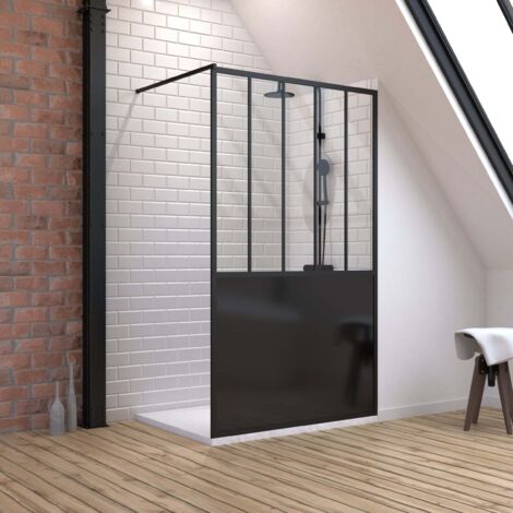 pack paroi de douche 120x200 cm noir mat + receveur extra plat à poser blanc - caniveau