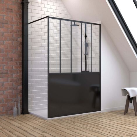 pack paroi de douche 140x200 cm noir mat + receveur a poser en composite smc 90x140 cm