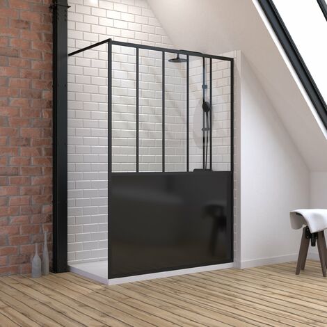 pack paroi de douche 140x200 cm noir mat - verre trempe 5mm + receveur a poser rectangle - 140x80cm