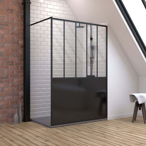 pack paroi de douche 90x200 cm noir mat + receveur de douche a poser en resine smc