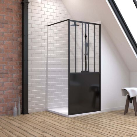 pack paroi de douche 90x200 cm noir mat + receveur extra plat a poser 90x90 cm caniveau
