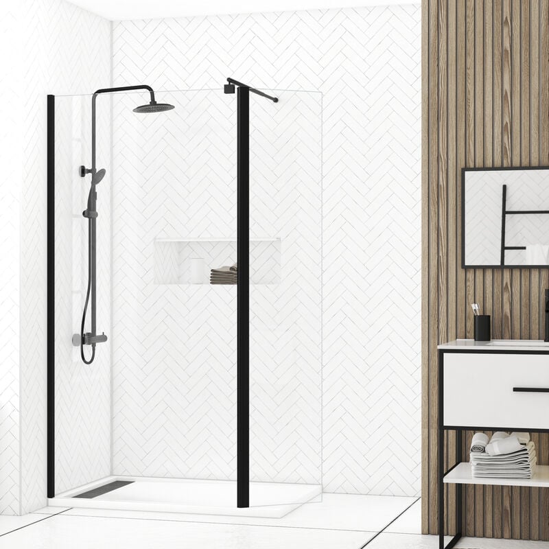 Pack Paroi de Douche et Volet Pivotant 100+40x200 cm - Verre Transparent - Barre de Fixation Noire