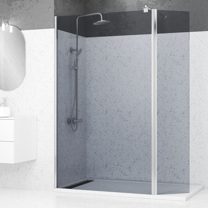 Pack Paroi de Douche et Volet Pivotant 120+40x200cm - Verre Fumé + Barre Fixation Chrome