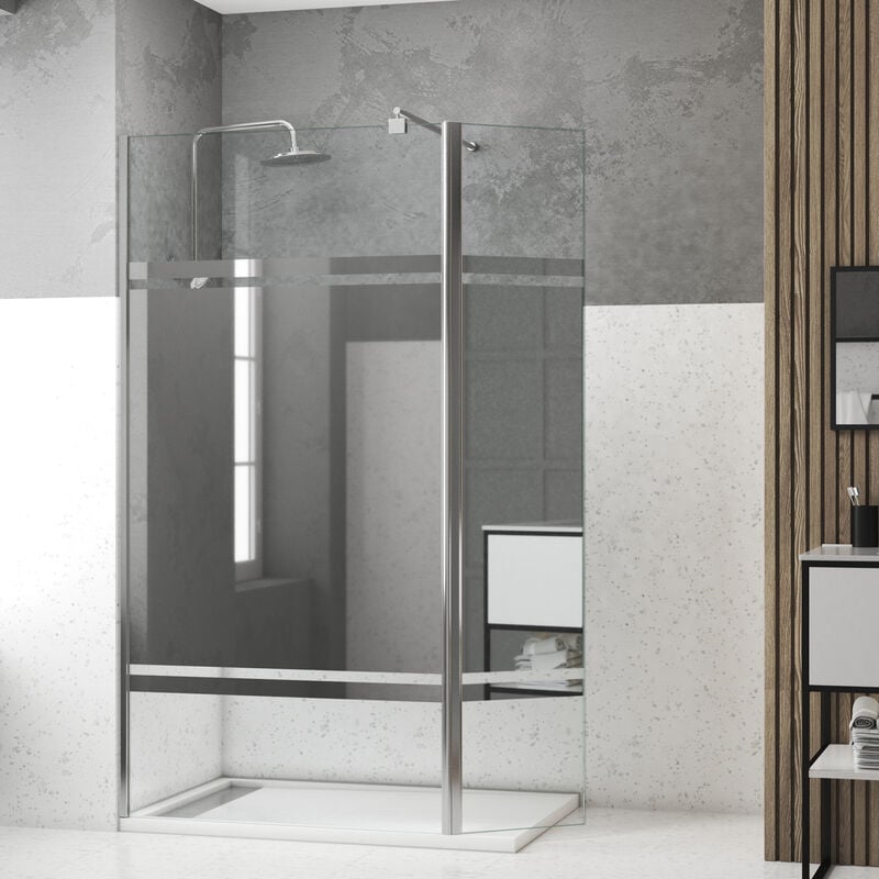 Pack Paroi de Douche et Volet Pivotant 100+40x200 cm - Bandeau Miroir - Barre de Fixation Chrome