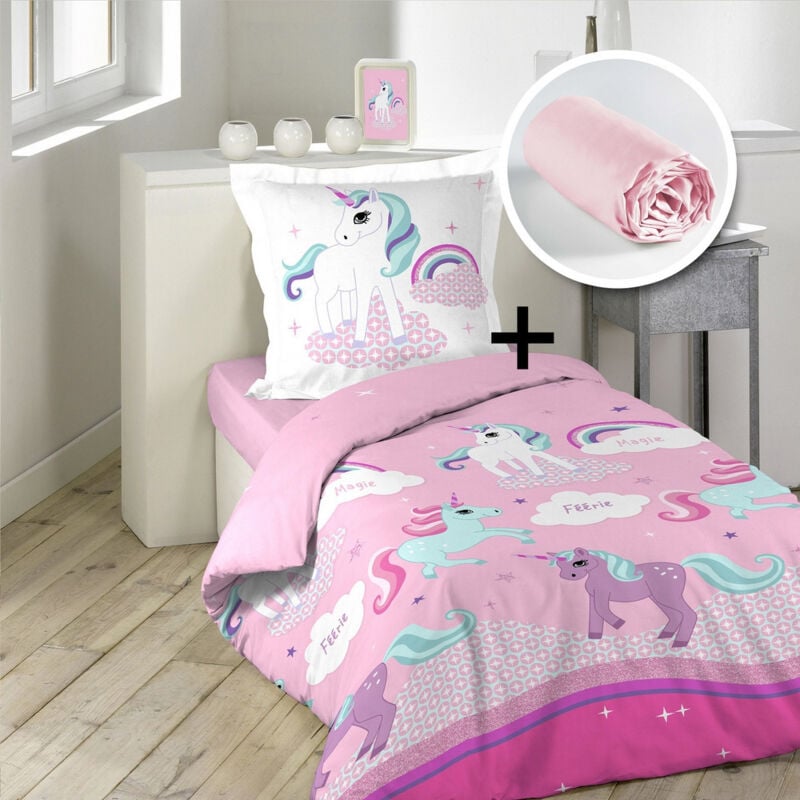 pack parure 1 housse de couette 140x200 + 1 to 63x63 licorne + 1 dh 90x190