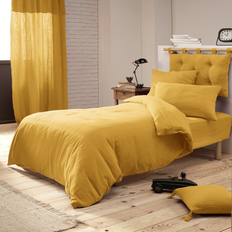 Pack Parure de couette 140x200 cm + Drap housse 90x190 + 1 taie Gaze de coton Bio Jaune