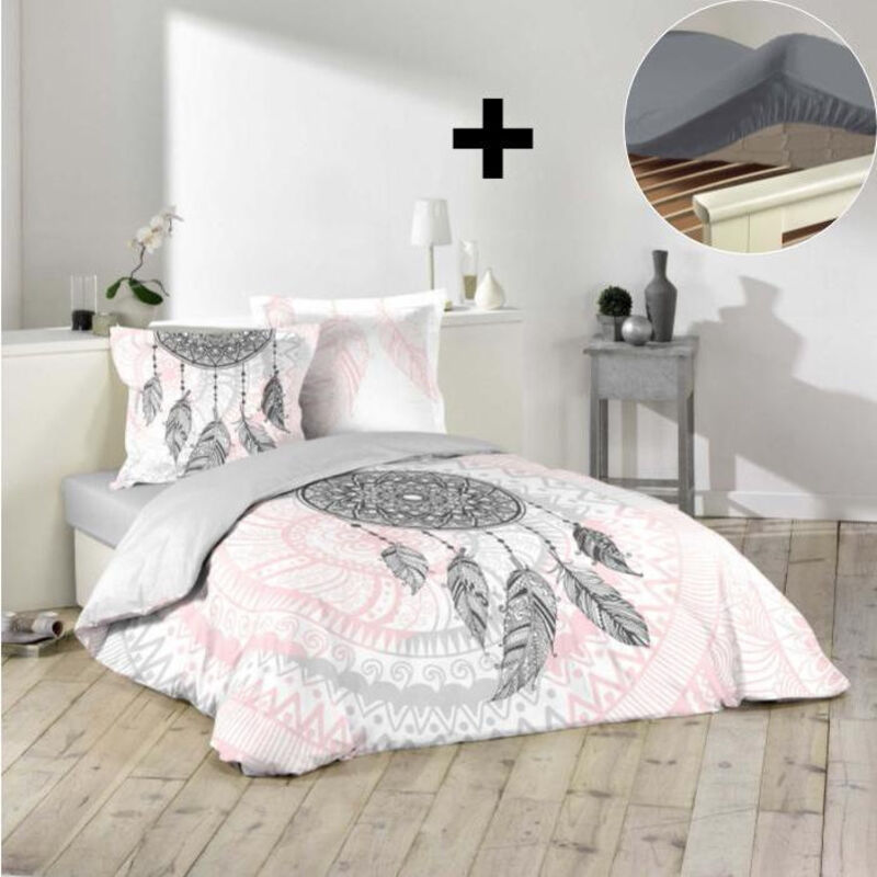Douceur D'intérieur - Pack parure de couette 220x240 cm Namaste + drap housse 140x190 Gris