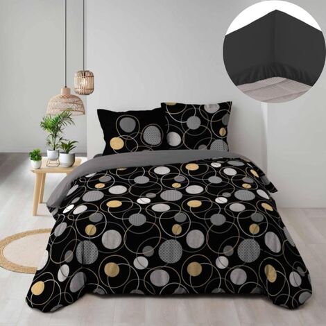 Pack parure de couette enfant Rexa 140 x 200 cm + drap housse 90 x 190 x 30  cm Noir