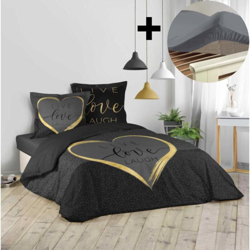 Pack parure de couette 260x240 cm 100% coton Crazy love + drap housse 160x200 cm Gris