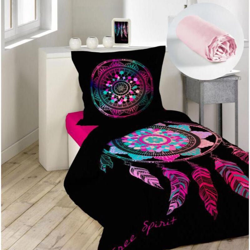 Pack parure de couette enfant 140x200 cm Porte bonheur + drap housse 90x190 Rose