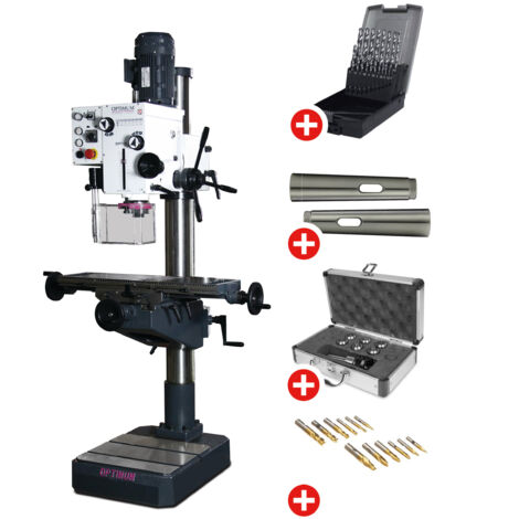 Pack Perceuse-fraiseuse à colonne perçage jusqu'à ø 32 mm CM4/M16 1,5 kW 400 V table croisée et accessoires de base Optidrill DH40CT PACK