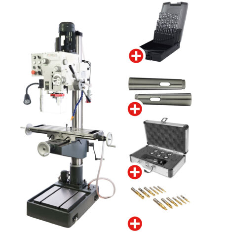 Pack Perceuse-fraiseuse à colonne perçage jusqu'à ø 32 mm CM4/M16 1,5 kW 400 V table croisée + pompe et accessoires de base Torros PF40CP PACK