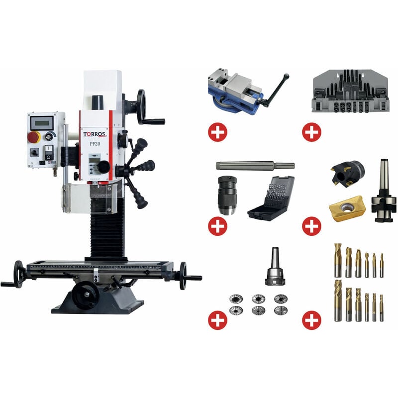 Perceuse-fraiseuse X 280 Y 175 mm Z 280 mm CM2/M10 0,85 kW 230V + accessoires indispensables Torros PACK PF20