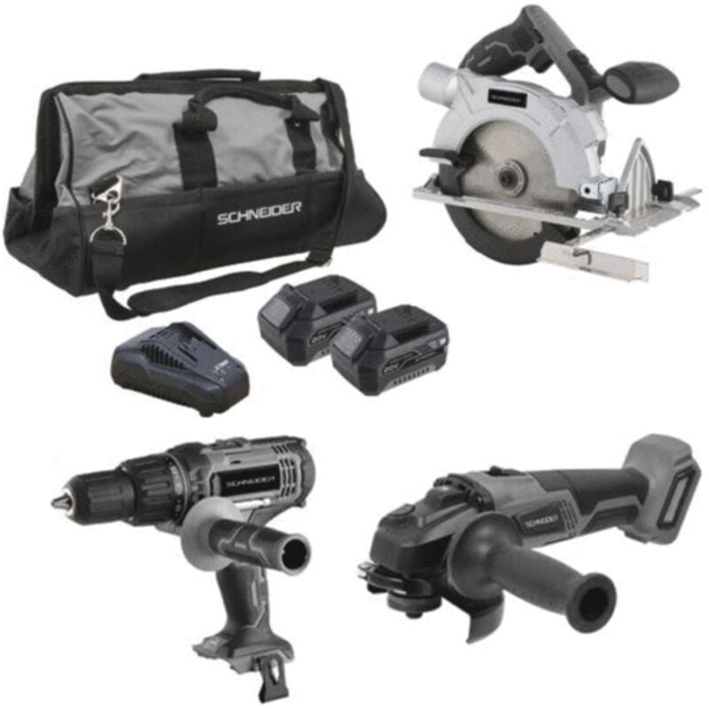 Schneider - Pack perceuse + meuleuse +scie circulaire + sac + chargeur + batteries