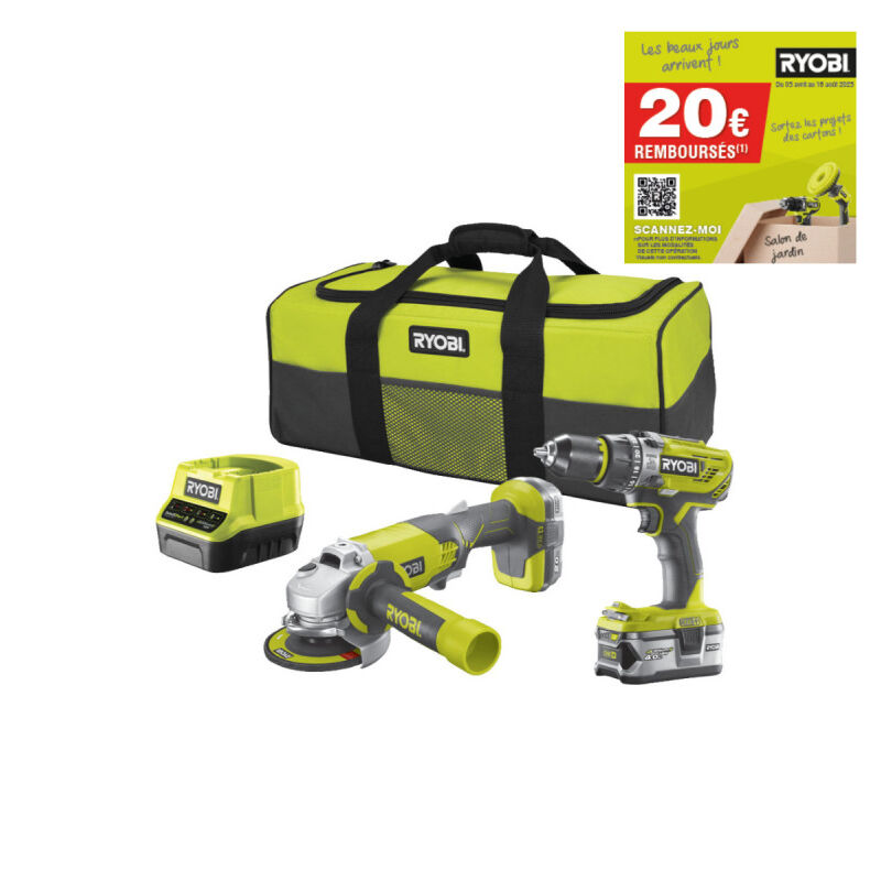 Ryobi - Pack Perceuse-visseuse à percussion 18V - Meuleuse d'angle One+ 18V - 1 batterie 18V 2.0 Ah - 1 batterie 18V 4.0 Ah - 1 chargeur R18PDAG-242S