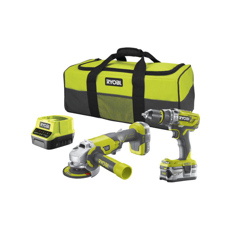 Ryobi - Pack Perceuse-visseuse à percussion 18V - Meuleuse d'angle One+ 18V - 1 batterie 18V 2.0 Ah - 1 batterie 18V 4.0 Ah - 1 chargeur R18PDAG-242S