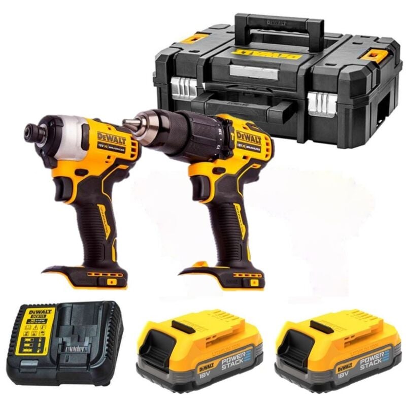 Dewalt DCK2062E2T-QW Pack de 2 outils DCD709 + DCF809 (18V 2 x 1,7Ah PowerStack + chargeur) en Coffret TSTAK