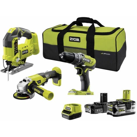 Pack perceuse-visseuse RYOBI 18V OnePlus R18DD3-252S - Meuleuse 115mm 18V R18AG0 - Scie sauteuse pendulaire 18V R18JS-0 - 2 batteries - chargeur rapide R18CK3C-252S