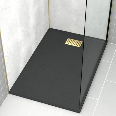 Pack Piatto doccia Nero Effetto Pietra 80x120 cm e Griglia motivo Lineare Oro Spazzolato