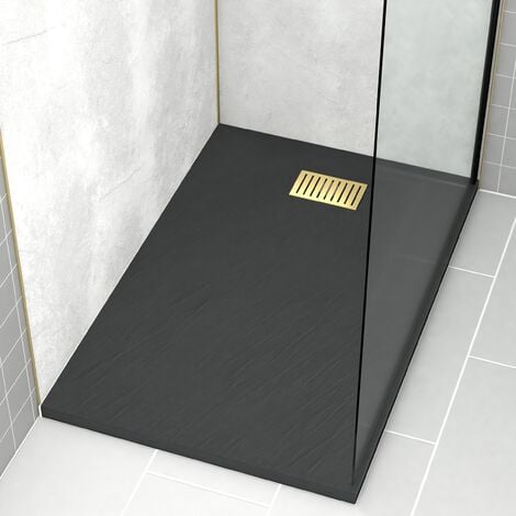 AURLANE Pack Piatto doccia Nero Effetto Pietra 80x120 cm e Griglia motivo Lineare Oro Spazzolato - ROCK 2