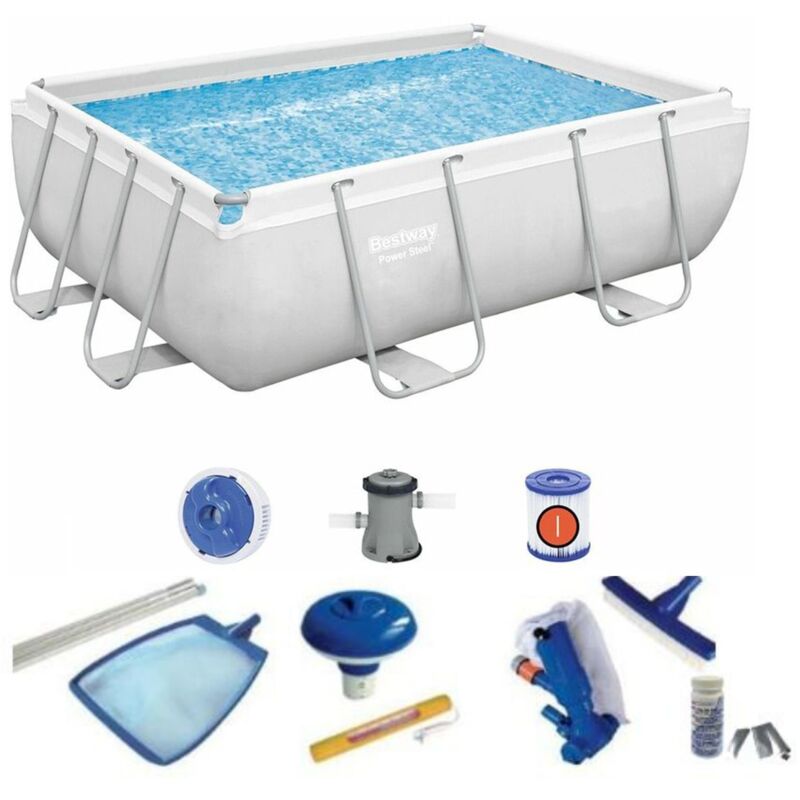 Bestway - Pack Piscina Rectangular Frame 287X201X100 Cm Con Depuradora, Escalera, Kit De Limpieza, Y Dispensador De Cloro