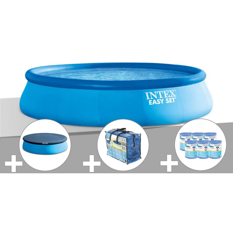 Kit piscine autoportée Intex Easy Set 4,57 x 0,84 m + Bâche de protection + Bâche à bulles + 6 cartouches de filtration - Bleu