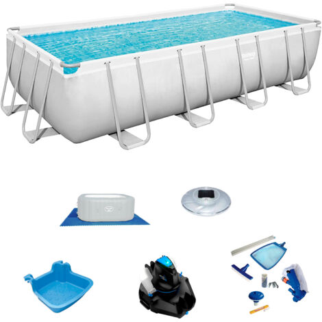 Pack Piscine Bestway Power Steel Rectangulaire 549x274x122 cm Accessoires d'Entretien de Piscine avec Robot Nettoyeur Inclus