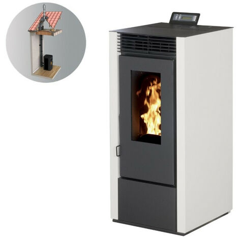 Pack Poêle à granules MARINA 14KW Etanche Canalisable Bordeaux + Kit Conduit Double Flux Intèrieur Vertical Avant Tubage 100/150