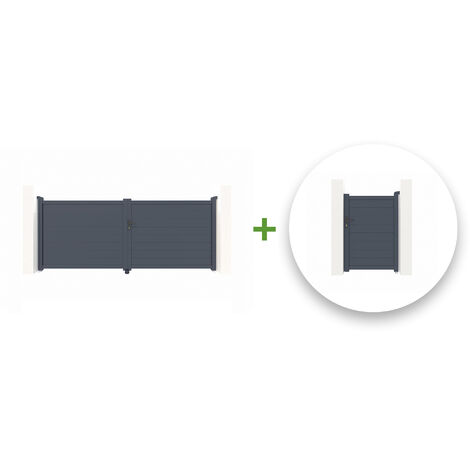 Pack portail battant EIGER 350x140cm + Portillon EIGER 100x140cm Gris