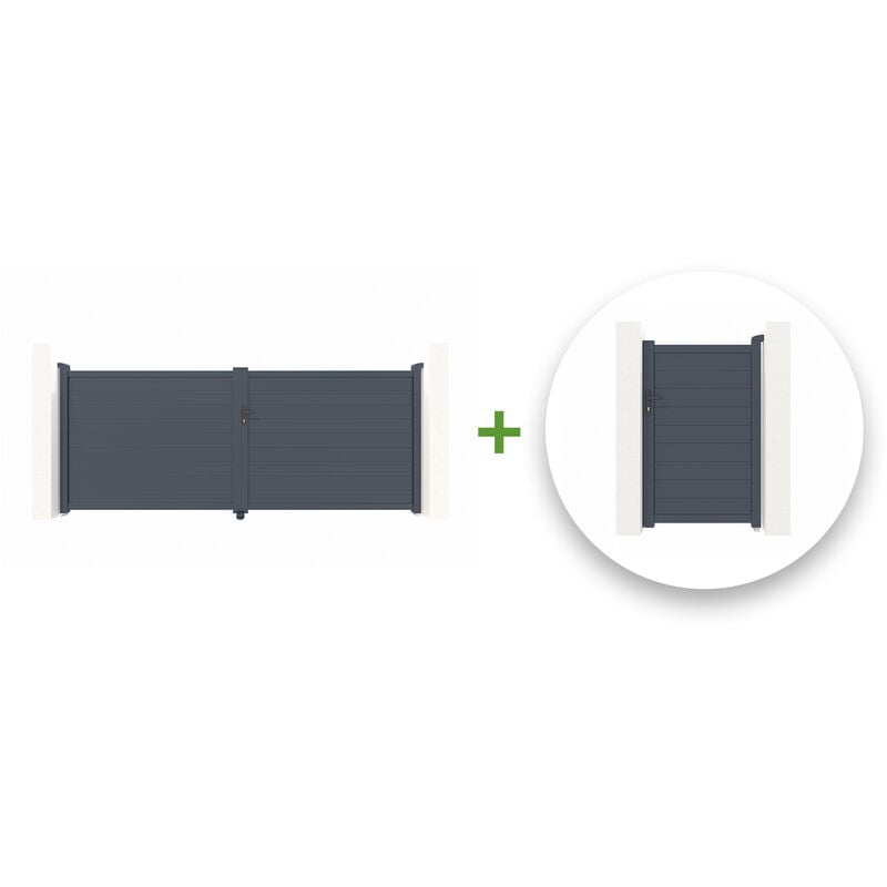 Pack portail battant EIGER 400x160cm + Portillon EIGER 100x160cm Gris
