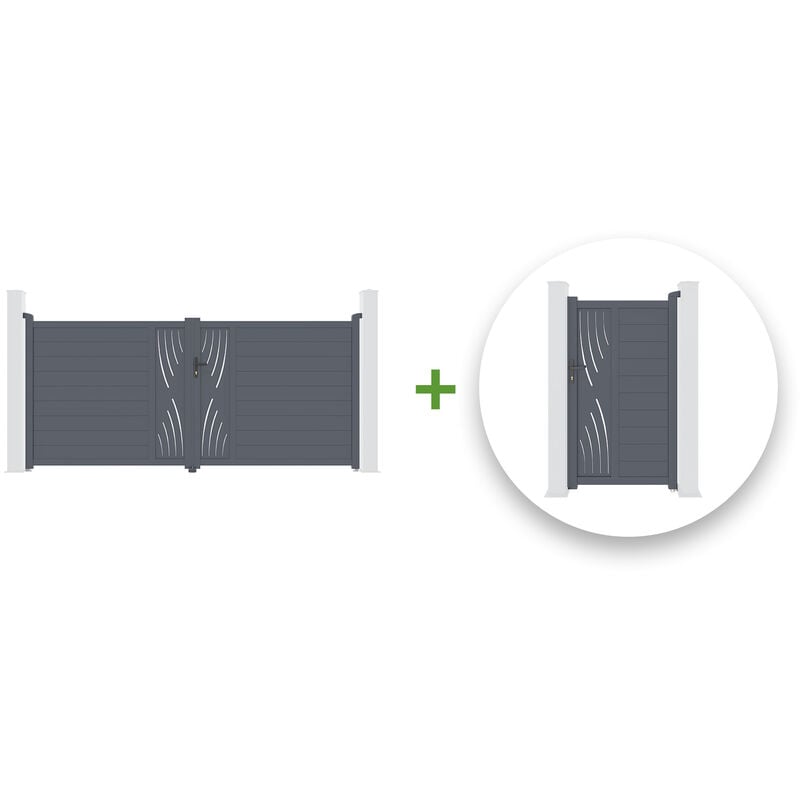 Pack portail battant VELETA 350x160cm + Portillon VELETA 100x160cm Gris