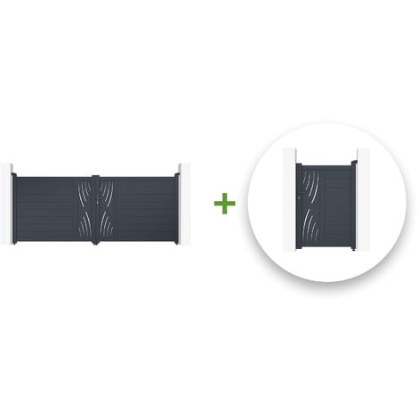 CASANOOV Pack portail battant VELETA 350x140cm + Portillon VELETA 100x140cm Gris