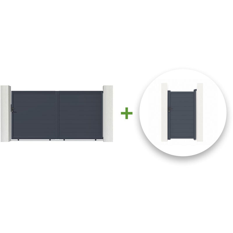 Pack portail coulissant EIGER 300x180cm + Portillon EIGER 100x180cm Gris