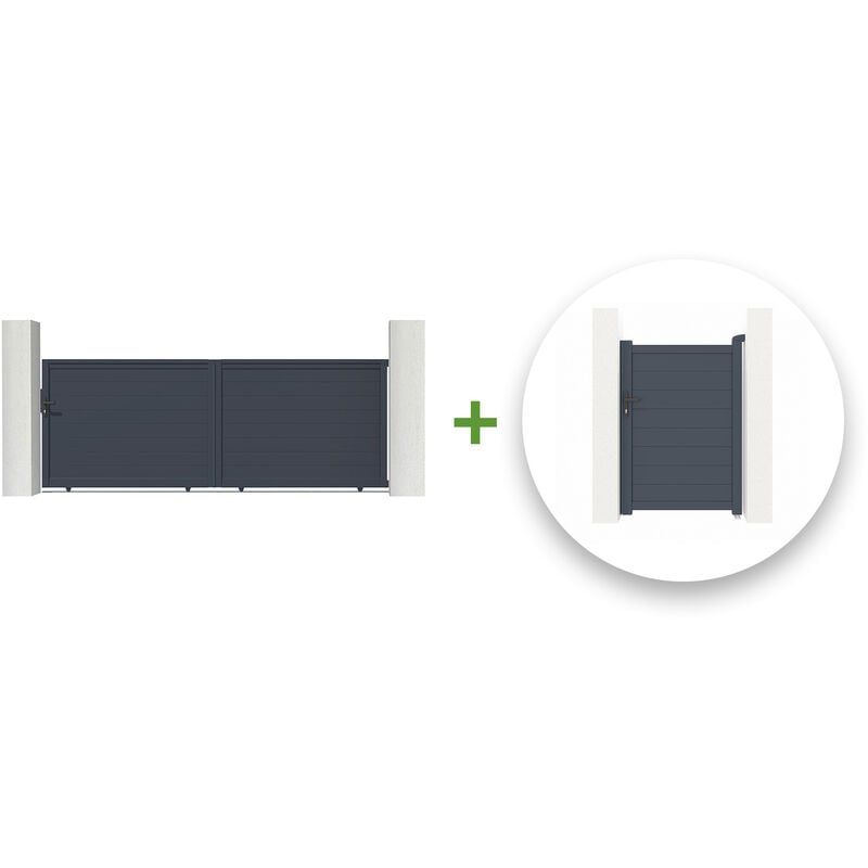 Pack portail coulissant EIGER 400x140cm + Portillon EIGER 100x140cm Gris