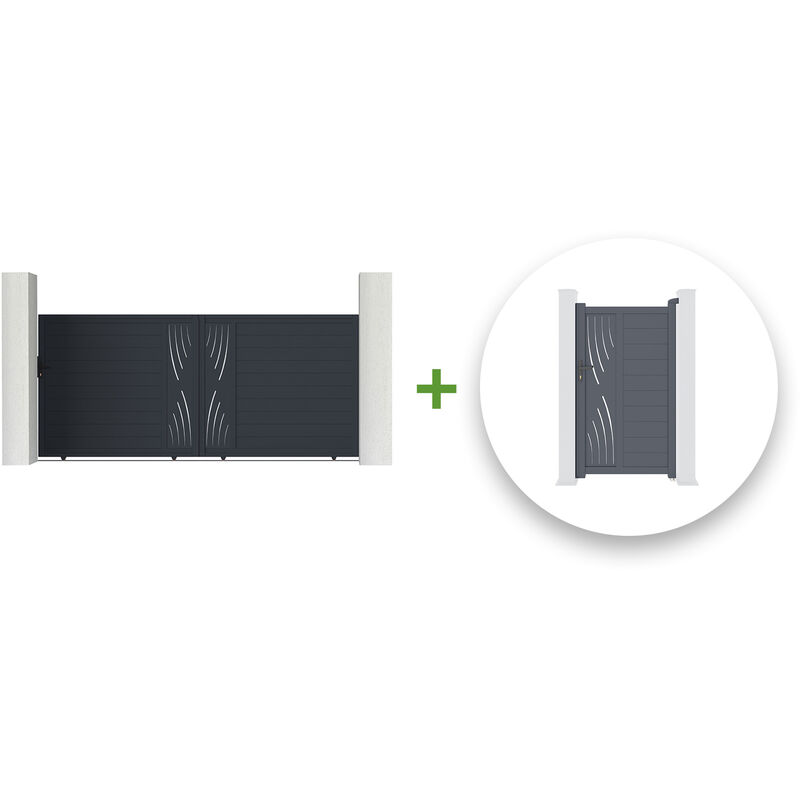 Pack portail coulissant VELETA 400x180cm + Portillon VELETA 100x180cm Gris