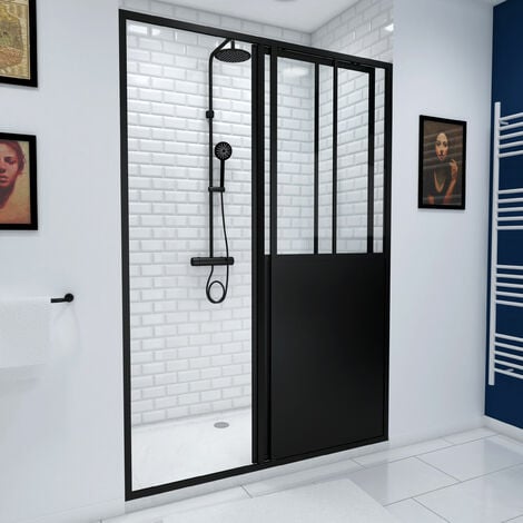 Paroi de douche à porte coulissante type atelier - 120 ou 140cm - PORTE COULISSANTE - PROFILE NOIR MAT - verre transparent 5mm - WORKSHOP SLIDING