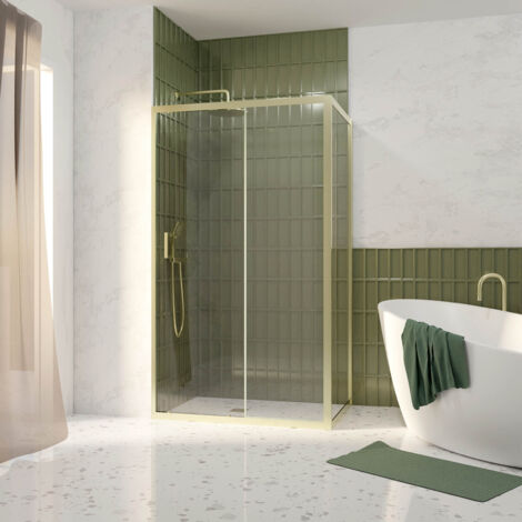 pack porte de douche coulissante 120x200cm et retour 80cm - profilés or doré brossé - verre 6mm