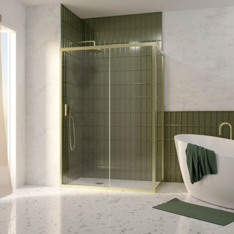 pack porte de douche coulissante 140x200cm et retour 80cm - profilés or doré brossé - verre 6mm