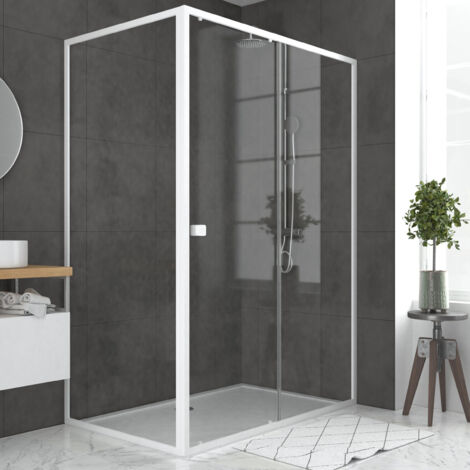 pack porte de douche coulissante blanc 140x185 cm + paroi de retour 90cm + receveur à poser - whity