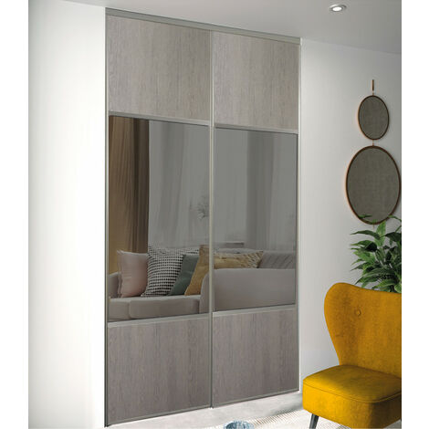 Pack portes coulissantes OPTIMUM Partitionnées - 2 vantaux + 2 amortisseurs - chêne cendré/miroir - 250 x 150 cm