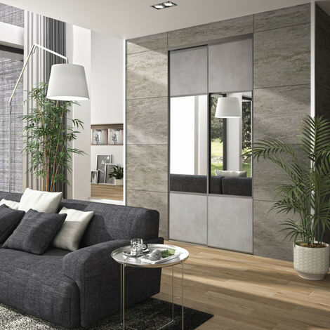 Pack portes coulissantes OPTIMUM Partitionnées - 2 vantaux + 2 amortisseurs - toilé minéral/miroir - 250 x 150 cm